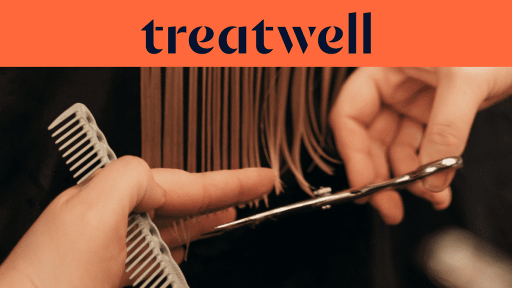 Close-up of a hairdresser's hands cutting the ends of straight hair with scissors and a comb. An orange banner at the top features the "Treatwell" logo in dark blue.