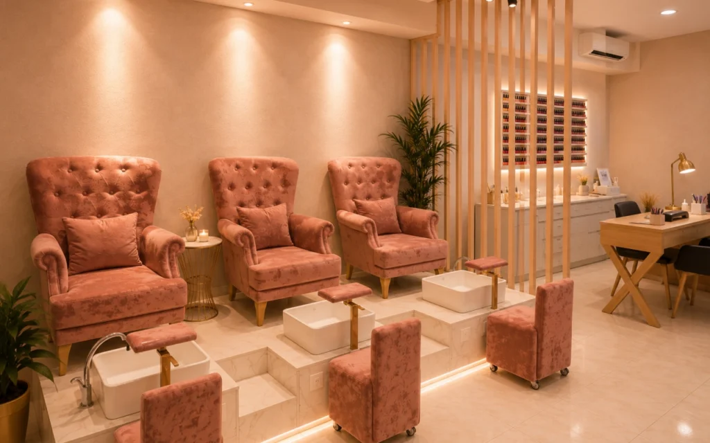 A luxurious, warm-lit pedicure and beauty salon with a soft pink colour palette. On the left, three plush, dusty-pink tufted armchairs with matching cushions are arranged on a raised marble platform. In front of each chair is a white square basin with gold taps and a small pink rolling stool for the technician. A wooden slat partition separates the pedicure area from a manicure station on the right and a wall display showcasing rows of nail polish bottles under soft backlighting.