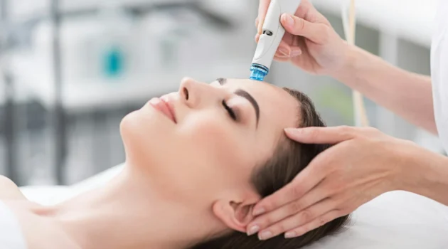 A close-up of a woman relaxing during a HydraFacial treatment with eyes closed in a calm salon setting