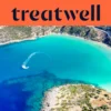An aerial view of a turquoise Cretan bay, with a jet ski tracing a white curve through clear water, a crescent of sandy beach and dry hills around the shore, beneath a coral-orange banner reading treatwell.