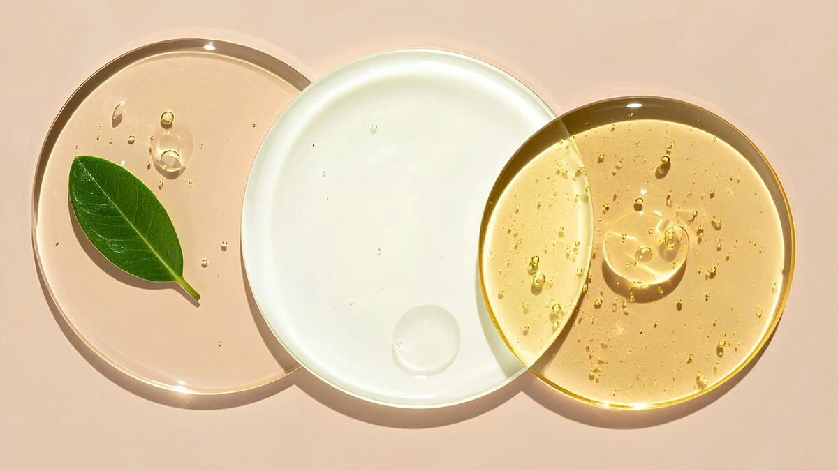 Top view of three overlapping circles of hydrating and moisturising face products on a pale peach background